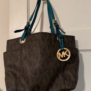 Michael Kors Brown Tote with Teal Straps and Gold Hardware